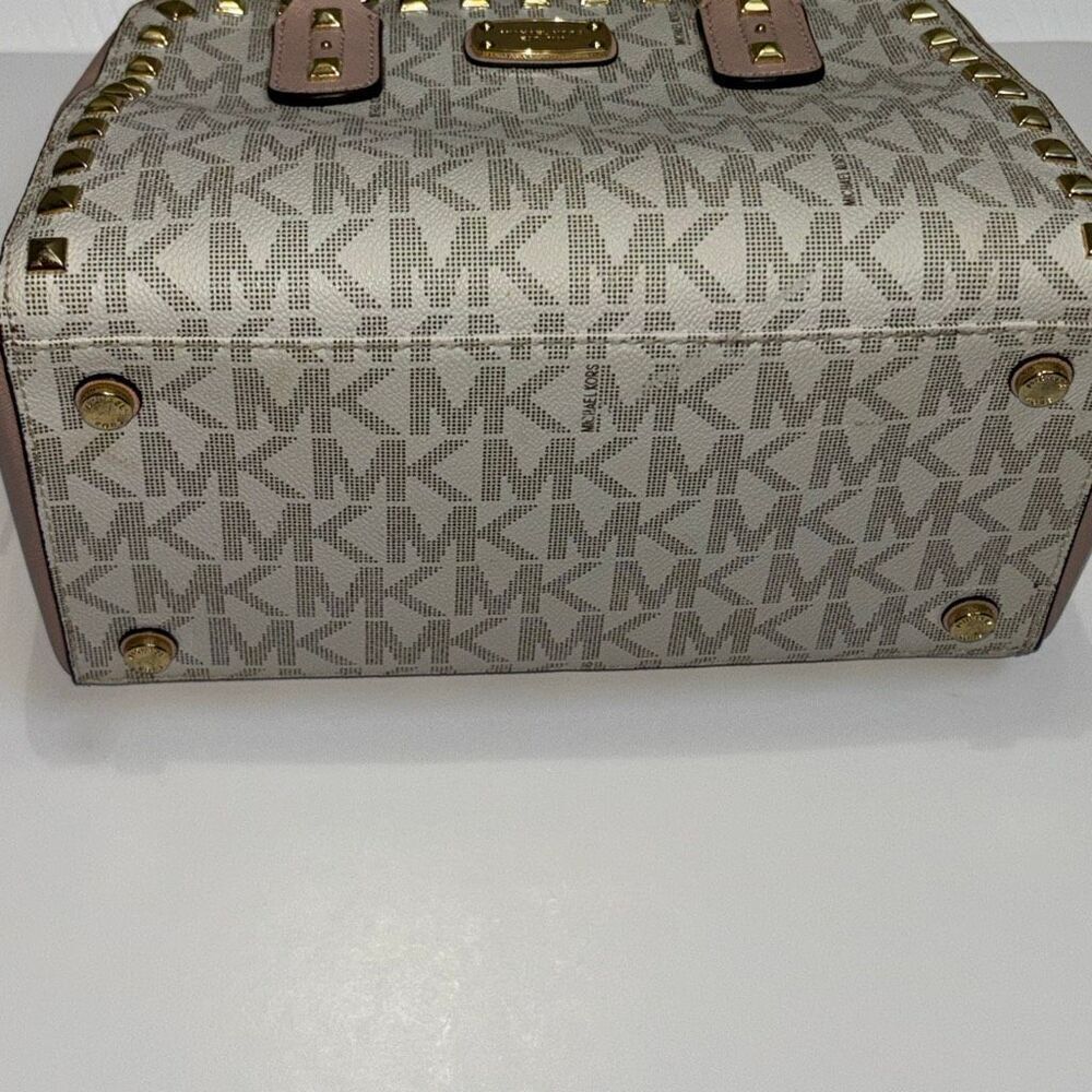 Michael Kors MK Sandrine Studded satchel purse bag pink logo gold xbody leather - Picture 5 of 11